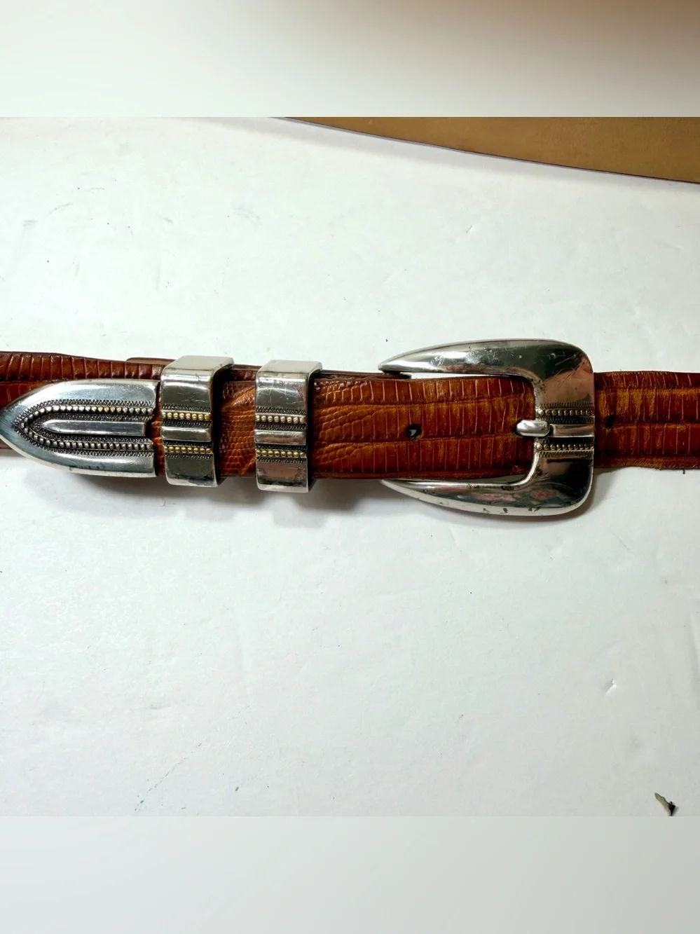 Vintage Italian Calfskin Leather Ranger Belt 38 Lizard Embossed Cognac Brown Y2K